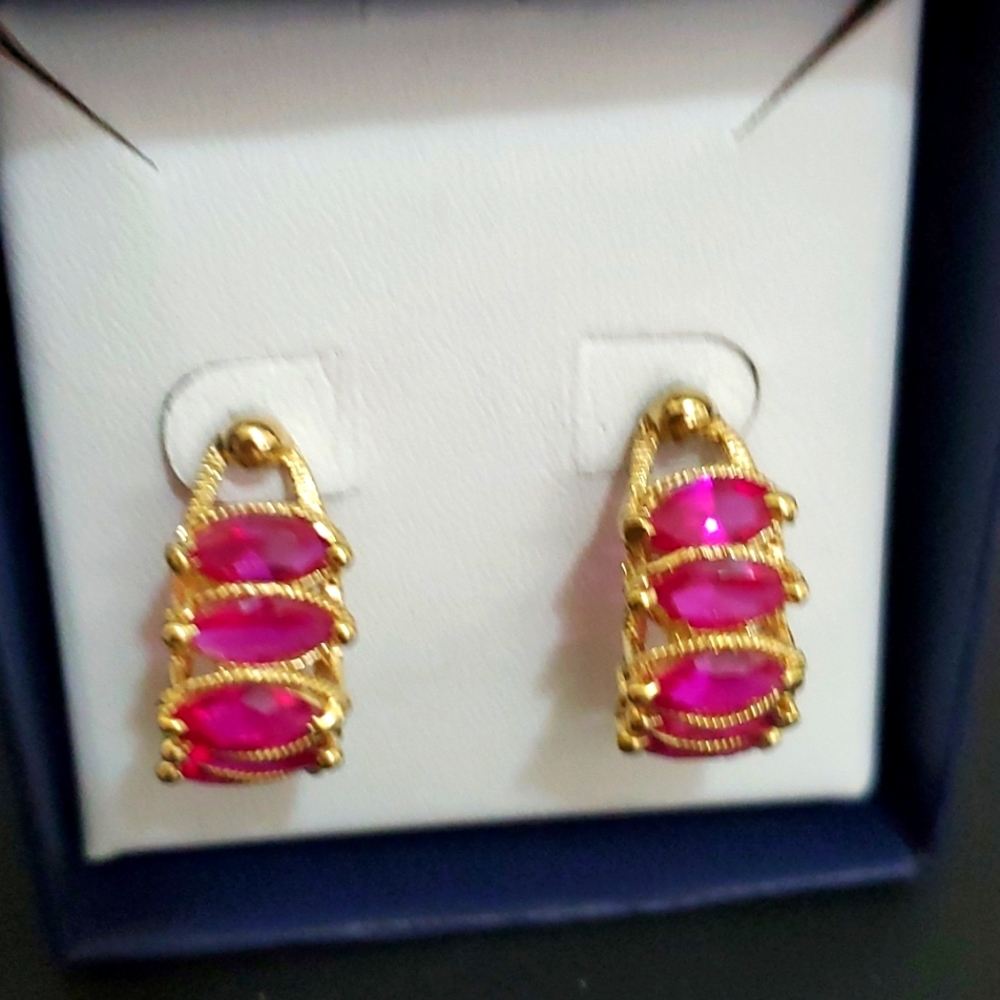 Solid 14k Gold Ruby Red Marquise Stud Earrings - image 5